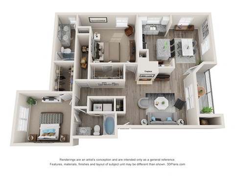 Floor plan for 2 beds, 2 baths, 1139 sqft